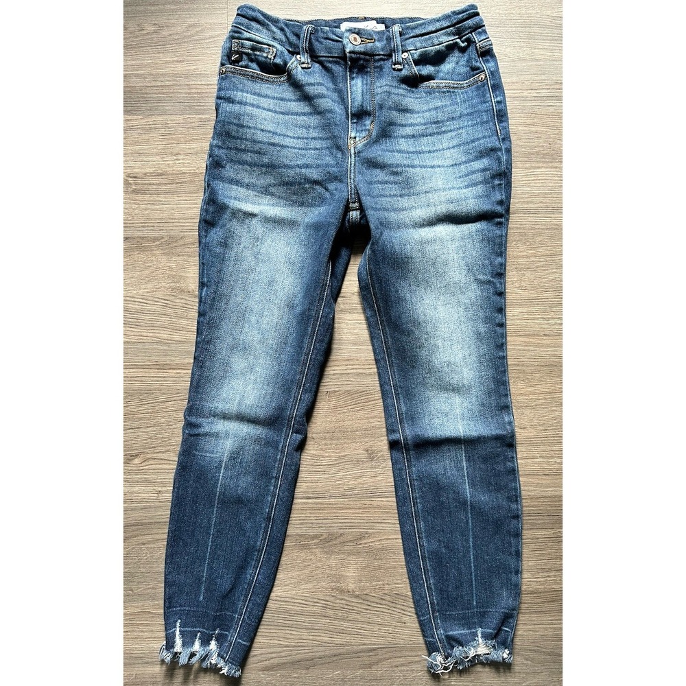 Womens Kancan Stella Distressed Denim Blue Skinny Jeans Size 7/27 Raw Hem Dark